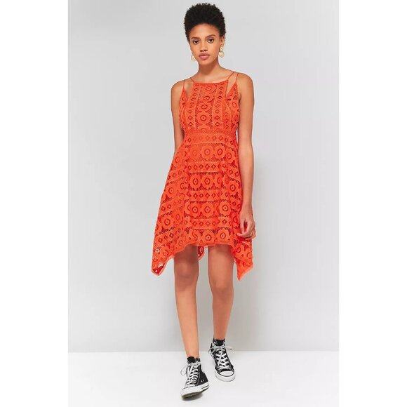 Free People Just Like Honey Lace Orange Handkerchief Hem Dress Sz 6 Summer Boho - Picture 1 of 5
